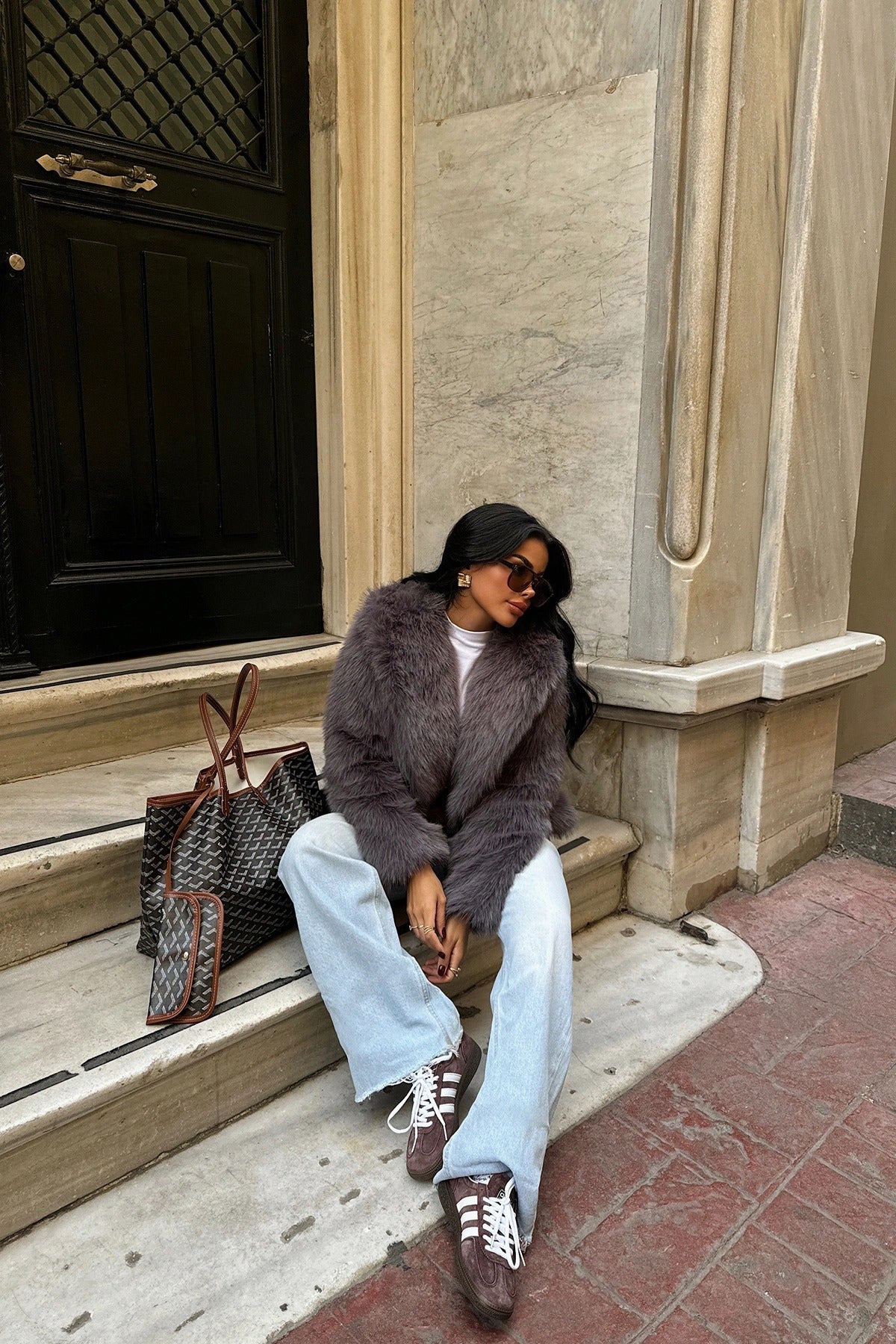 BELLA - ABRIGO DE PELO GRIS OSCURO