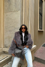 BELLA - ABRIGO DE PELO GRIS OSCURO