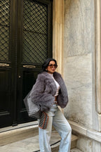 BELLA - ABRIGO DE PELO GRIS OSCURO