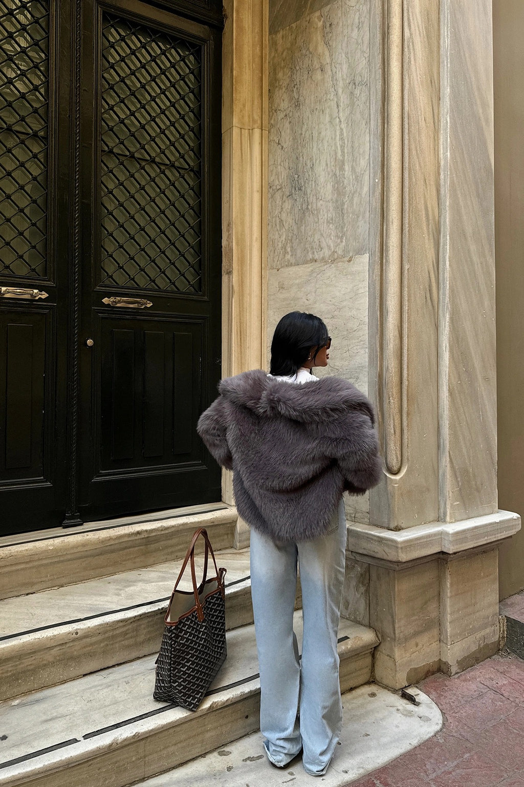 BELLA - ABRIGO DE PELO GRIS OSCURO