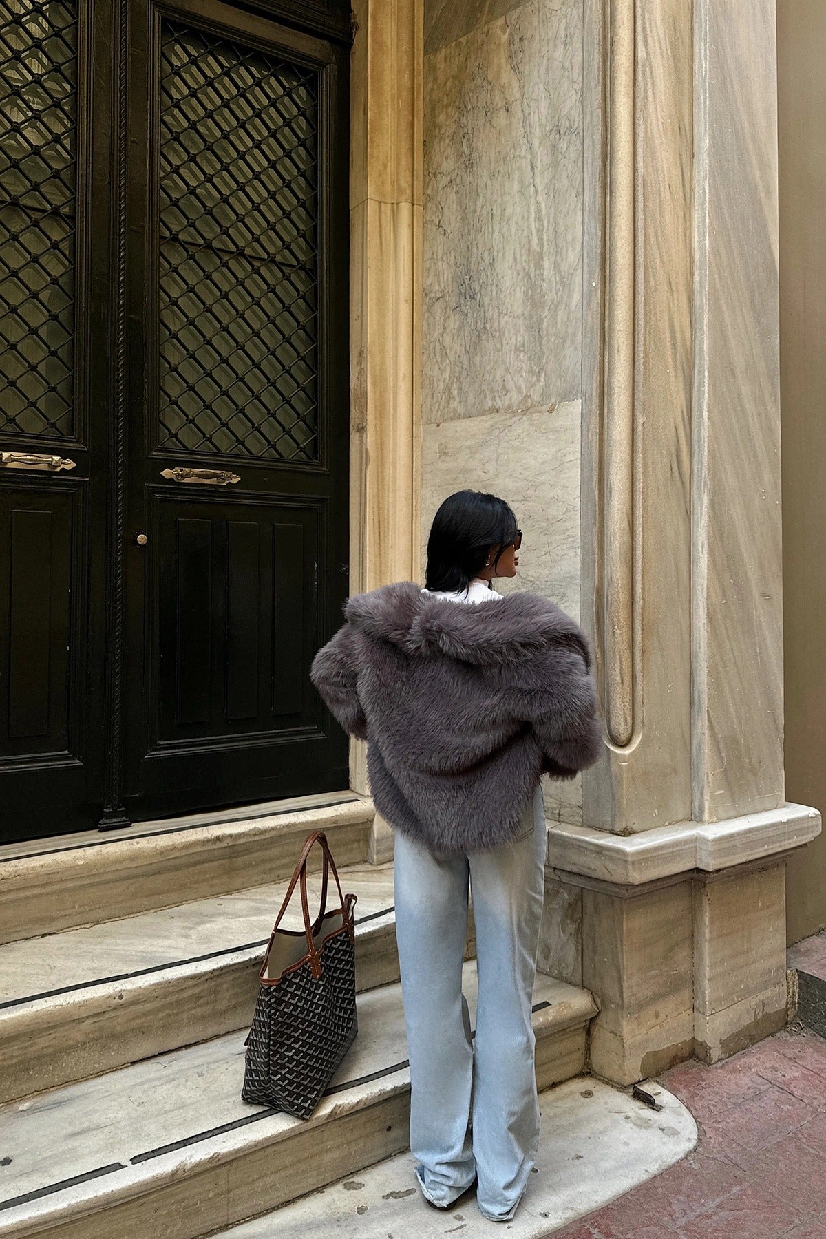 BELLA - ABRIGO DE PELO GRIS OSCURO