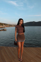 FRIDA - MINI FALDA CON BRILLANTES MARRÓN