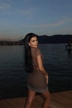 FRIDA - MINI FALDA CON BRILLANTES MARRÓN